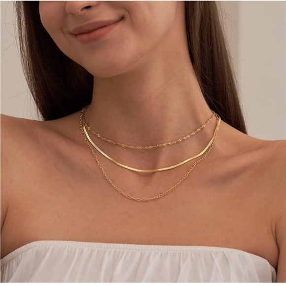 GOLD 14k Gold Plated 3pc Herringbone Necklace Set - Picture 3 of 3